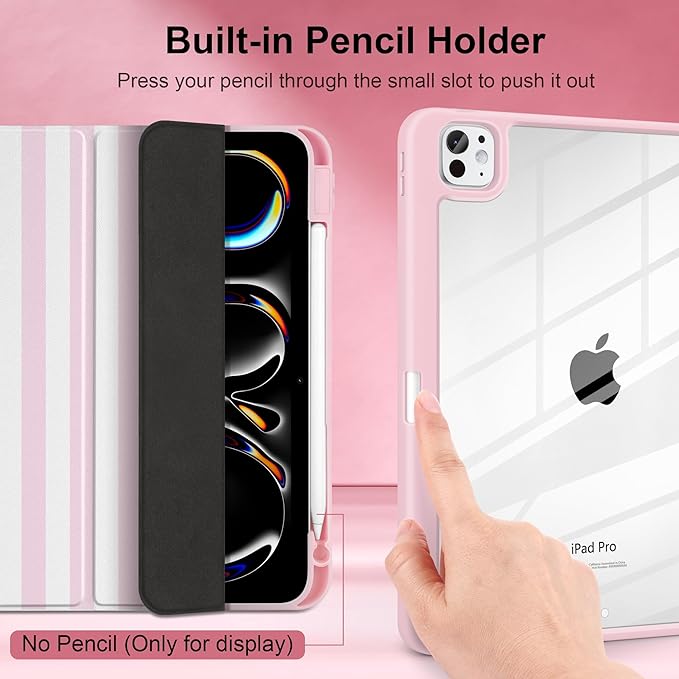 Case for iPad Pro 13 inch (M5) 2025 (M4) 2024 Release with Pencil Holder -Cute Pink White Striped Trifold Cover with Clear Back Auto Sleep/Wake, Aesthetic Soft Protective Skin for Girls Women