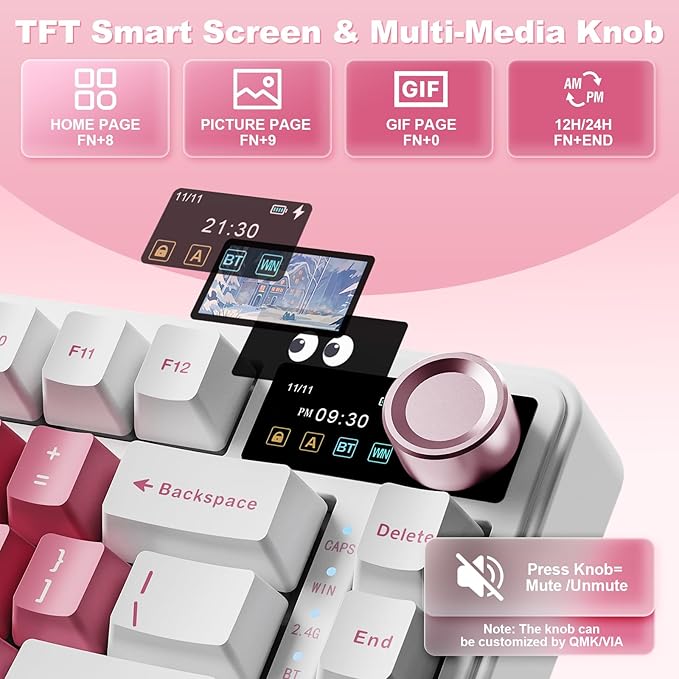 YUNZII B75 PRO MAX QMK/VIA Wireless Mechanical Keyboard,75% Layout with Screen and Knob,Hot Swap Gasket,Creamy Pre-lubed Switches,Bluetooth/Type-C/2.4G for Win/Mac(White Heart,Cocoa Cream V2 Switch)