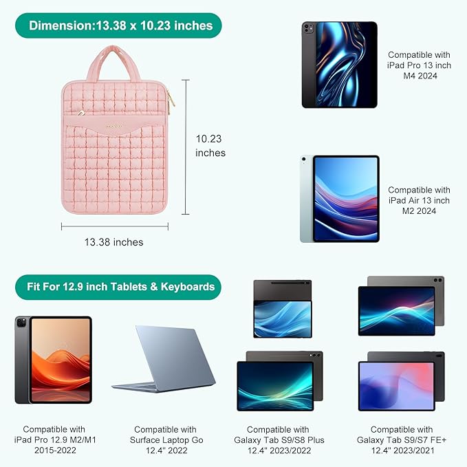 MOSISO 12.9 inch Tablet Sleeve Case for iPad Pro 13 M4 & iPad Air 13 M3 M2, iPad Pro 12.9 M2 M1 6/5th with Magic Keyboard&Smart Keyboard Folio, Puffy Raised Grid Quilted Carrying Tablet Bag Cover,Pink