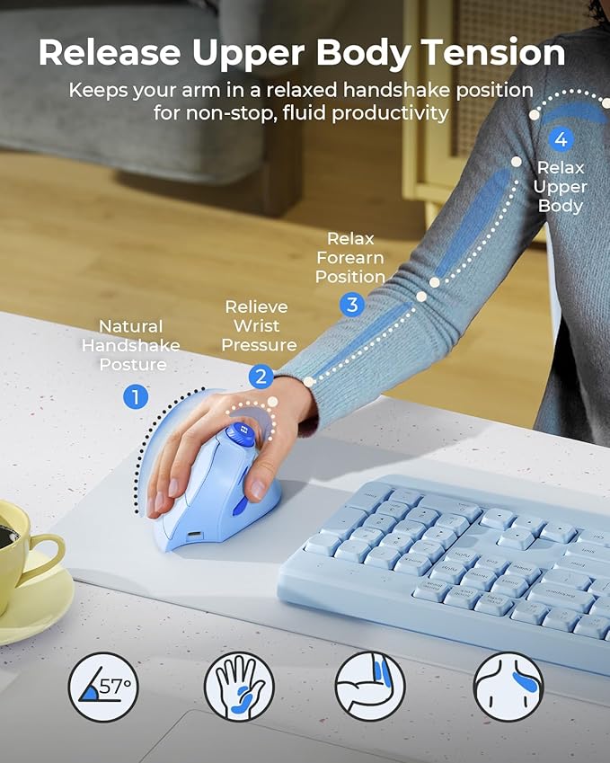 seenda Ergonomic Mouse Wireless, MOU-302 Bluetooth Vertical Mouse Rechargeable, Volume Knob, Silent Mice & 1000/1600/2400 DPI, 3 Multi-Device Connection for Windows/PC/Laptop/Mac/MacBook, Blue