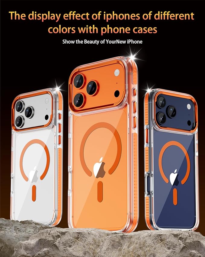 Full Body Protection Kit for iPhone 17 Pro Max Case, MagSafe Compatible Clear Cover, Orange Non-Slip Grip Bumper, N52 Magnetic Backing, Includes Tempered Glass Screen Protector and Lens Film