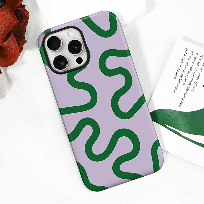 Magnetic for iPhone 15 Case Cute Curved Stripes Phone Case, Shockproof Slim TPU and Hard PC Protective Phone Cover Compatible with MagSafe Designed for Women Girls,Green