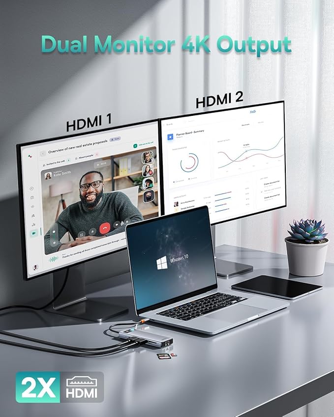 Baseus Laptop Docking Station Dual Monitor 9 in 1 USB C Hub up to 4K@120Hz with 2 HDMI, 1000Mbps LAN, Max 85W PD, 3 USB, SD Card Reader,USB C Dock Compatible with iPhone/Mac/Dell/HP/Surface/Steam Deck