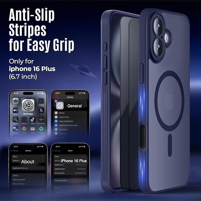 Symcele Designed for iPhone 16 Plus Case, Compatible with MagSafe, with Privacy Screen Protectors X2, [Camera Protection] [15FT Military Drop Protection] Shockproof Phone Case, 6.7", Deep Blue