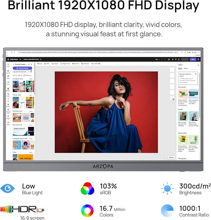 ARZOPA 17.3" Portable Monitor Gray, 1080P FHD 103% sRGB IPS Gaming Monitor Laptop Monitor with Built-in Kickstand HDMI USB C External Screen for PC Mac Phone Xbox PS5 - Z1C Plus