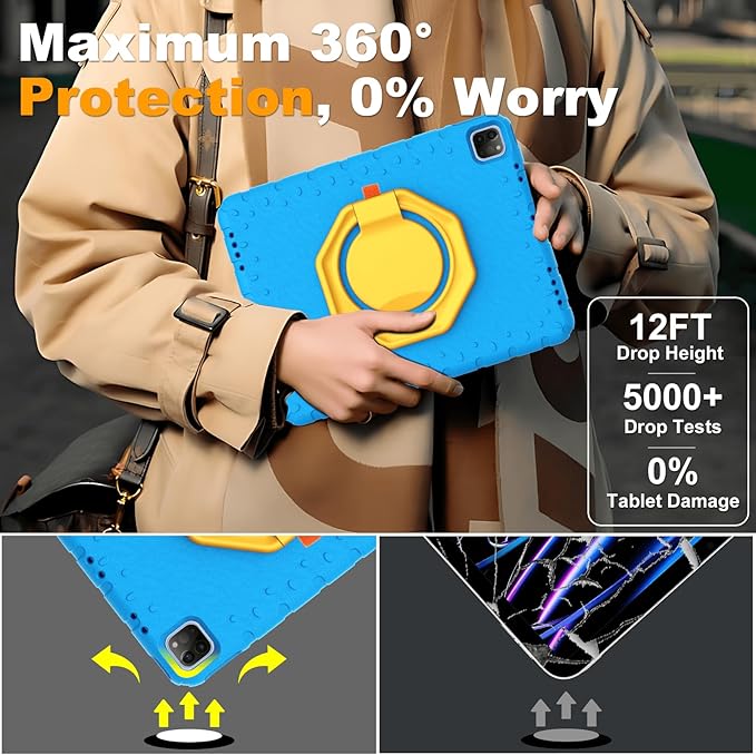 for iPad Pro 12.9 Case 6th/5th/4th/3rd Generation with 360° Rotating Stand & Pencil Holder, Heavy Duty Cute Cover for iPad Pro 12.9 inch 2022/2021/2020/2018, Blue