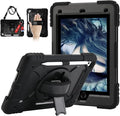 for iPad 6th Generation/iPad 5th Gen/iPad Air 2/iPad Pro 9.7" Case with Cute Key Chain, Rugged Protective Case with Rotating Stand & Shoulder Hand Strap for iPad 6th/5th/ Air 2 (Black)