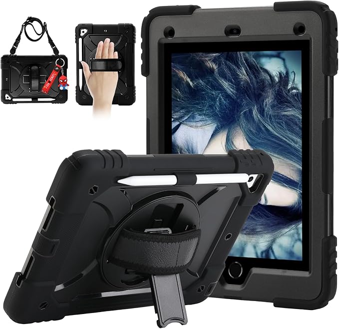 for iPad 6th Generation/iPad 5th Gen/iPad Air 2/iPad Pro 9.7" Case with Cute Key Chain, Rugged Protective Case with Rotating Stand & Shoulder Hand Strap for iPad 6th/5th/ Air 2 (Black)