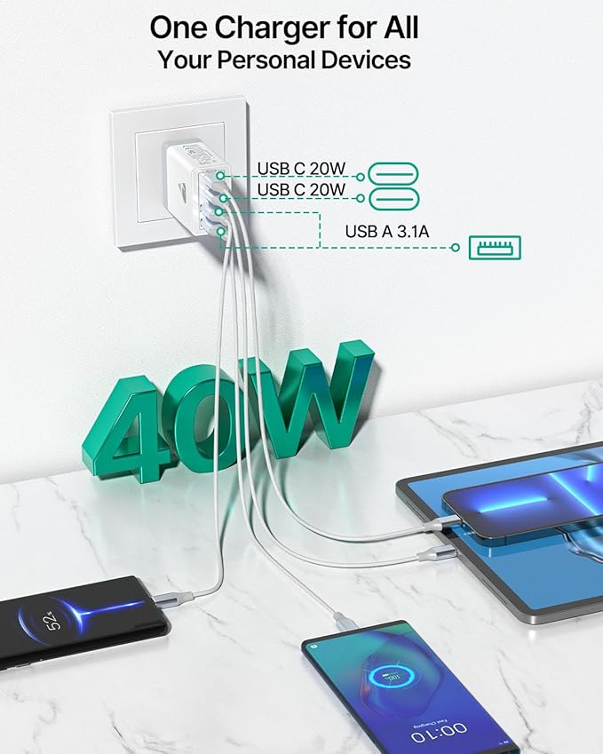 [2-Pack] USB C Wall Charger, 40W Fast USB C Charger Block, 4-Port PD Power Adapter + QC Wall Plug Multiport Type C Charging Block Cube Compatible with iPhone 16 15 14 13 12 11 Pro Max XR XS 8, Samsung
