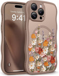 GVIEWIN for iPhone 15 Pro Case Compatible with MagSafe [Curly Wave Edge][Full Camera Protection] Floral Translucent Shockproof Magnetic Women Phone Case for iPhone 15 Pro 6.1'', Primrose/Brown