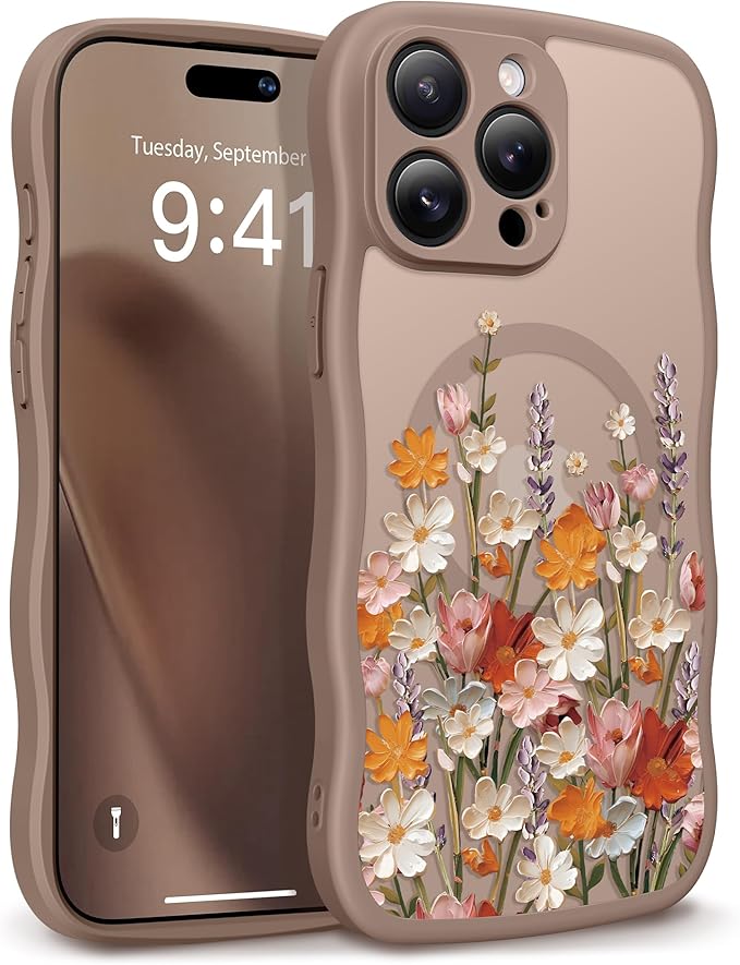 GVIEWIN for iPhone 15 Pro Max Case Compatible with MagSafe [Curly Wave Edge][Full Camera Protection] Floral Translucent Shockproof Magnetic Women Phone Case for 15 Pro Max 6.7'', Primrose/Brown