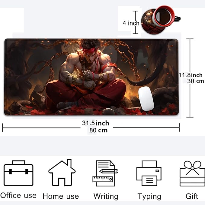 Large Mouse Pad, 31.5 x 11.8in Extended Gaming Mouse Pad with Stitched Edges, XXL Mousepad Protector Non Slip Rubber Base for Office and Home Writing Mat, Anime Cool Warriors Pattern Black Desk Mat