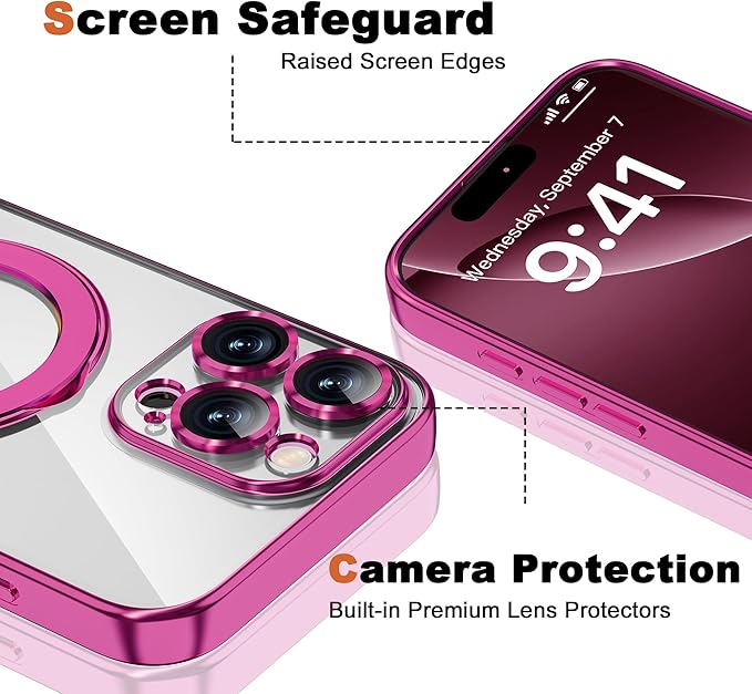 Compatible with iPhone 16 Pro Case with Magnetic Ring Stand [Compatible with Mag-Safe] [Full Camera Lens Protector] Soft Plating Clear Phone Case for iPhone 16 Pro 6.3", Rose