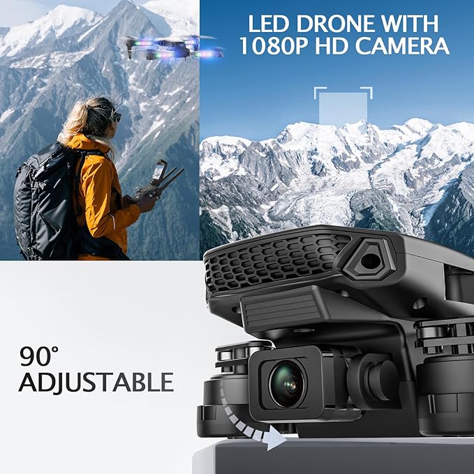 Drone with Camera 1080P HD, Foldable Mini FPV Drones with LED Lights for Adults Kids and Beginners, Toys Gifts RC Quadcopter with One Key Take Off, 3D Flips for Boys Girls with 2 Batteries, Black