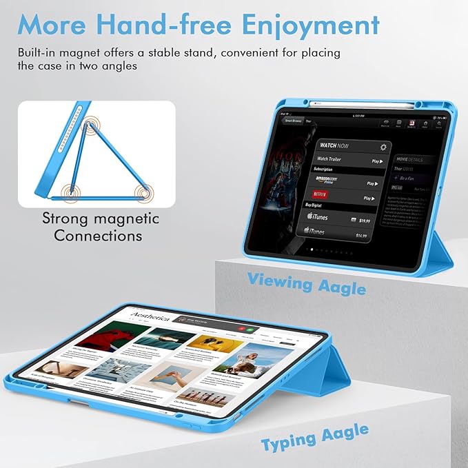 ZryXal New iPad Air 13 Inch Case M3 2025/M2 2024 with Pencil Holder, Trifold Stand Smart Case with Soft TPU Back,Auto Wake/Sleep(Ocean Blue)