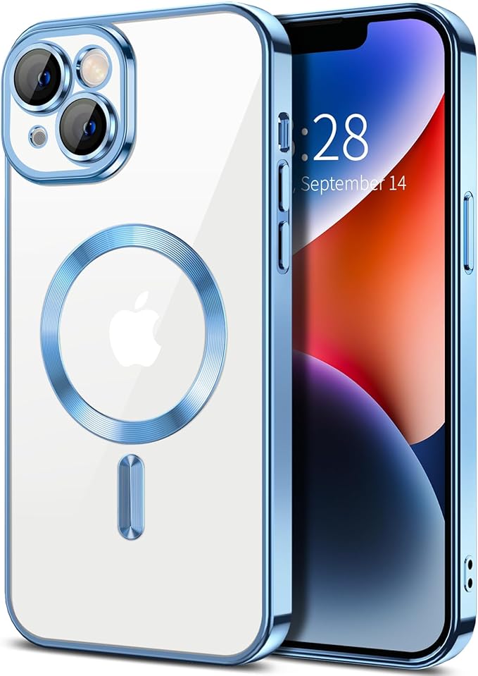 Hython Magnetic Clear for iPhone 14 Case with Camera Lens Protector [Compatible with MagSafe] Luxury Plating Edge Slim Soft TPU Cover Protective Phone Case for iPhone 14 6.1", Light Blue
