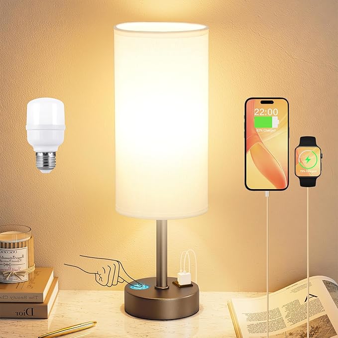 Dicoool Bedside Touch Table Lamps for Bedroom Nightstand with USB-C USB-A Charging Ports, White & Brown 3 Way Dimmable Small Desk Lamp for Office, Living Room, Reading, Dorm