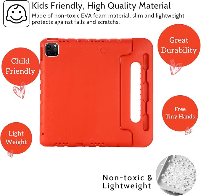 Dteck Kids Case for iPad Air 11" M2 2024, iPad Pro 11" Case 2024, Lightweight Shockproof Rugged EVA Kids Friendly Handle Kickstand Child Proof Protective Case with Pencil Holder, Red