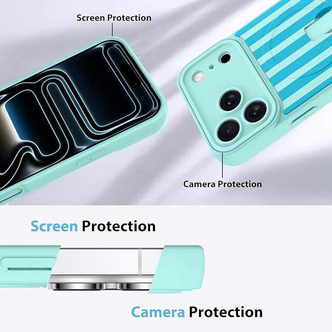KANGHAR Compatible with iPhone 17 Pro Case, Support for MagSafe, Silicone Stripes Cute Pattern, Wristband Kickstand Camera Protection Soft Slim Cover for Girls Women -Blue