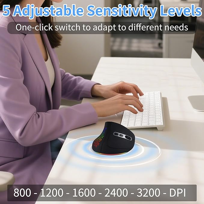 Wireless Mouse Ergonomic Right Handed Vertical Mouse with LED Light 7 Buttons 2.4GHz & Bluetooth Dual Mode Portable Rechargeable Silent Computer Mice for Laptop PC Desktop Macbook Adults Gifts(Black)