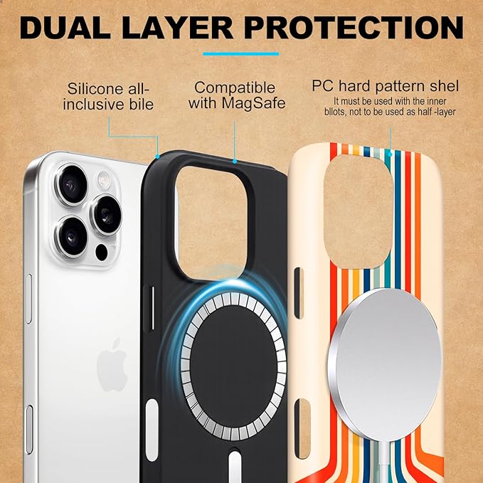 Magnetic for iPhone 13/14 Case Cute Stripes Phone Case, Shockproof Slim TPU and Hard PC Protective Phone Cover Compatible with MagSafe Designed for Women Girls,Retro Stretch