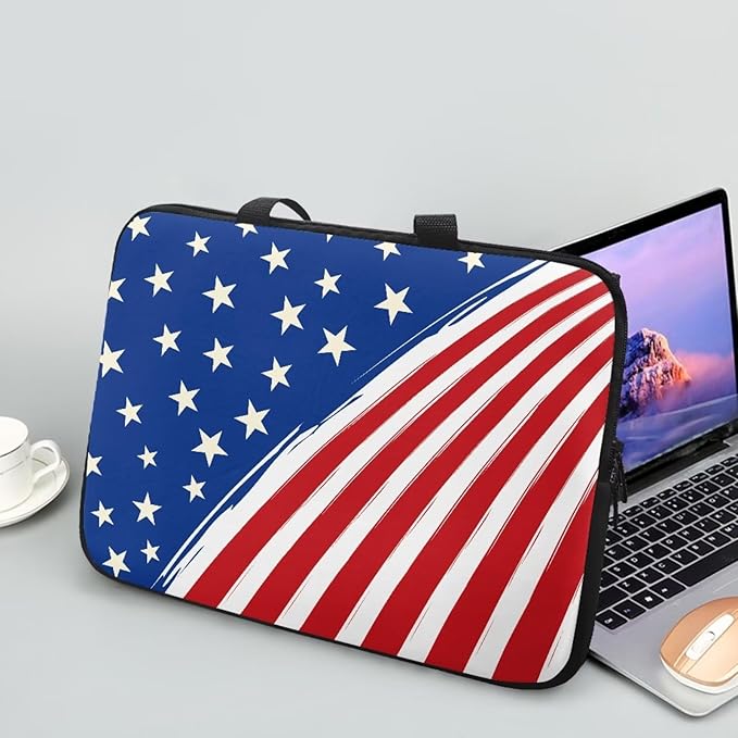 13 Inch American Flag Laptop Sleeve, Red White and Blue Laptop Cover Computer Bag Tablet Carrying Case, Zipper Tote Bags Notebook Sleeves Independence Day Gifts for Men Women