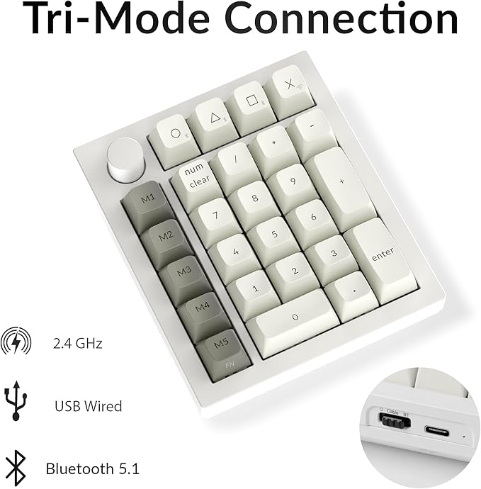 Keychron Q0 Max Wireless Custom Mechanical Numpad, 2.4 GHz/Bluetooth 5.1/Wired QMK Number Pad, RGB Hot-Swappable with Gateron Banana Switch for Laptop Mac Windows Linux - White