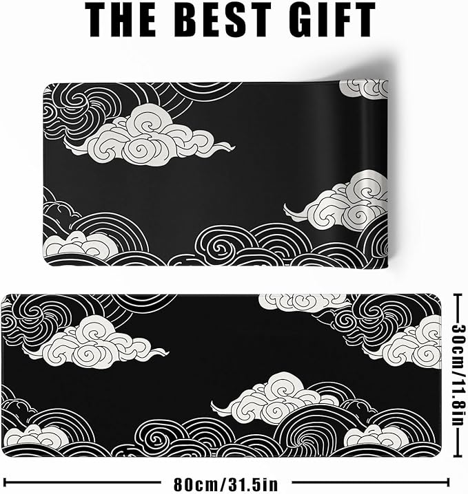 Black and White Anime Clouds XL Mouse Pad - Desk Gaming Mat with Stitched Edges, Non-Slip, 31.5x11.8 in