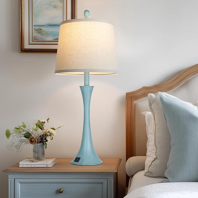 Rinweey Blue Metal Table Lamp Set of 2 with USB C+A Ports, Bedside Lamp, Modern Bedroom Lamps, Coastal Lamp for Night Stands Bedroom Living Room,Nightstand Lamp LED Bulbs Included