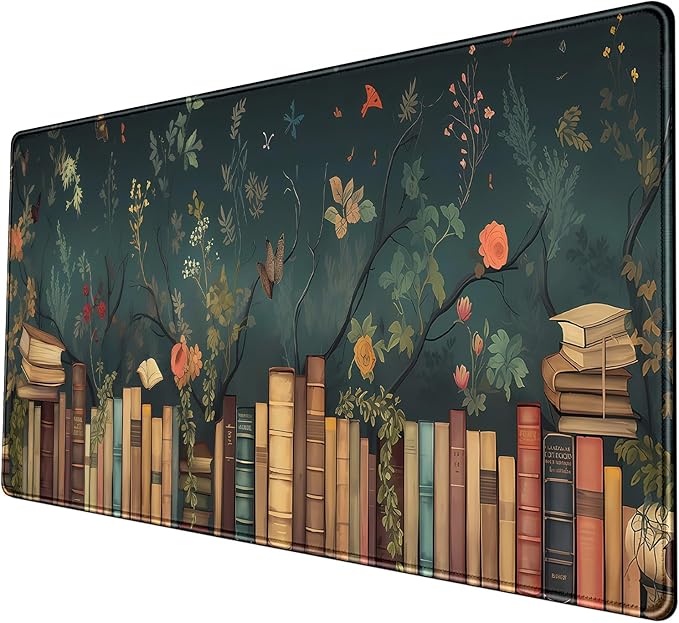 Cottagecore Blooming Floral Library Desk Mat- Book Lover's Garden Study Large Mouse Pad-Butterflies & Antique Books Writing Mousepad Desktop for Gaming Office Decor 31.5" x 15.7"