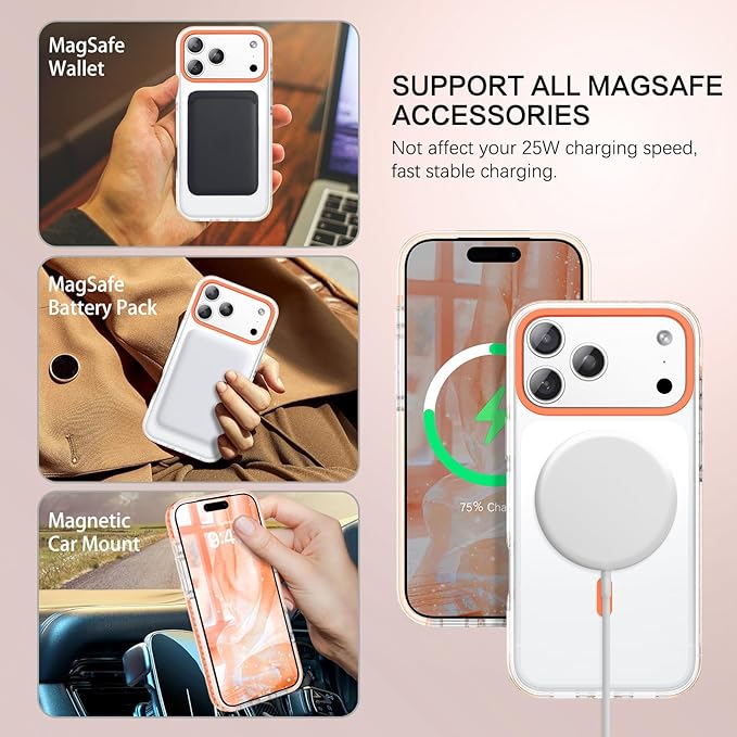 BENTOBEN Magnetic for iPhone 17 Pro Max Case 6.9", Compatible with Magsafe Military Shockproof Protective Bumper Cute Transparent Slim Anti-Yellowing Case for iPhone 17 Pro Max Cover, Clear Orange