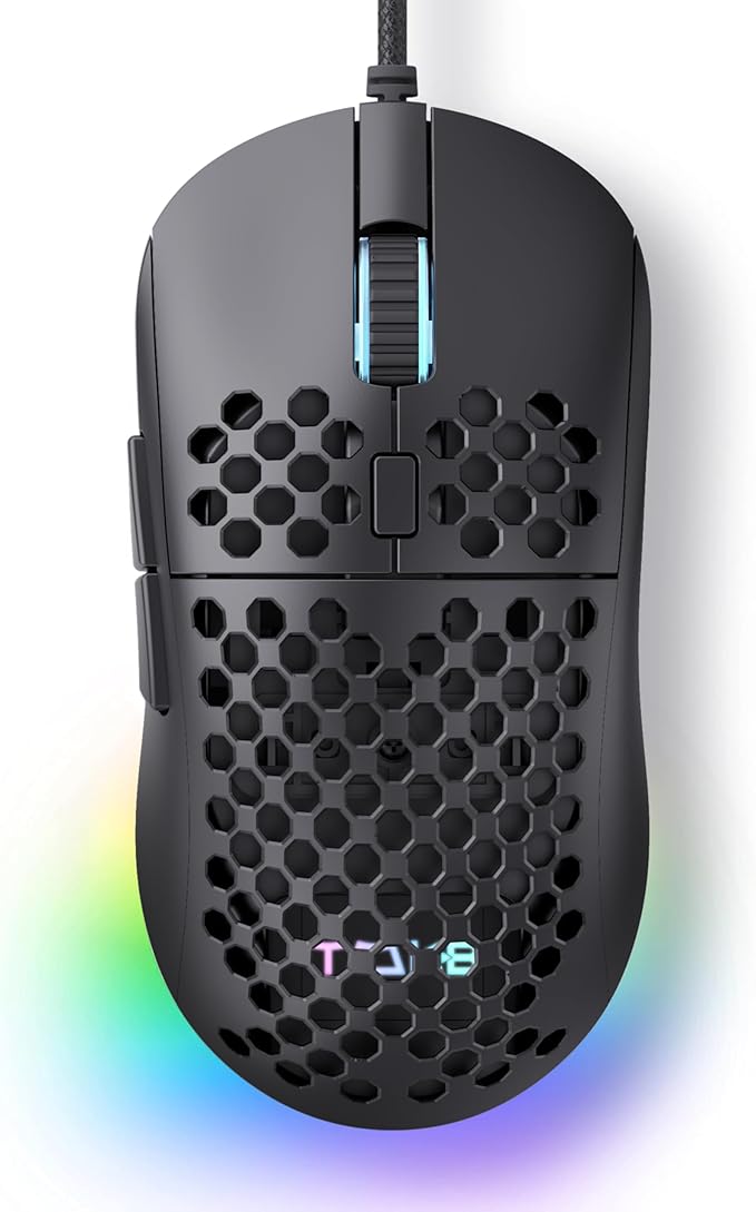 TMKB Falcon M1SE Ultralight Honeycomb Gaming Mouse, High-Precision 12800DPI Optical Sensor, 6 Programmable Buttons, Customizable RGB, Drag-Free Paracord, Ergonomic Wired Gaming Mouse - Matte Black