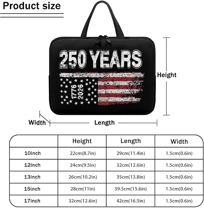 15 Inch Laptop Sleeve American Flag USA 250 Years Laptop Cover Computer Bag Tablet Carrying Case with Handle Tote Bags Notebook Sleeves Handbag Messenger Briefcase for 4th of July Decor