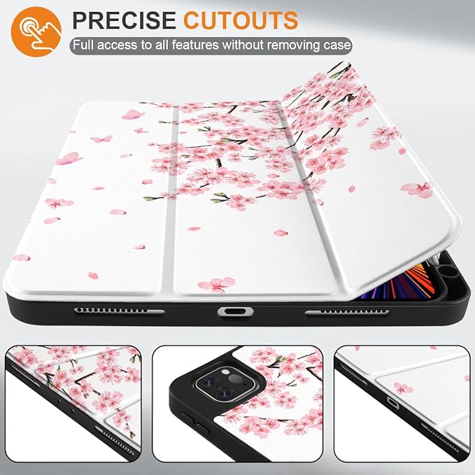 MEEgoodo Case for iPad Pro 12.9 Case M2 6th/5th/4th/3rd Generation 2022 2021 2020 2018, Protective Tablet Cover with Soft Back Shell for Kids, Cherry Blossoms