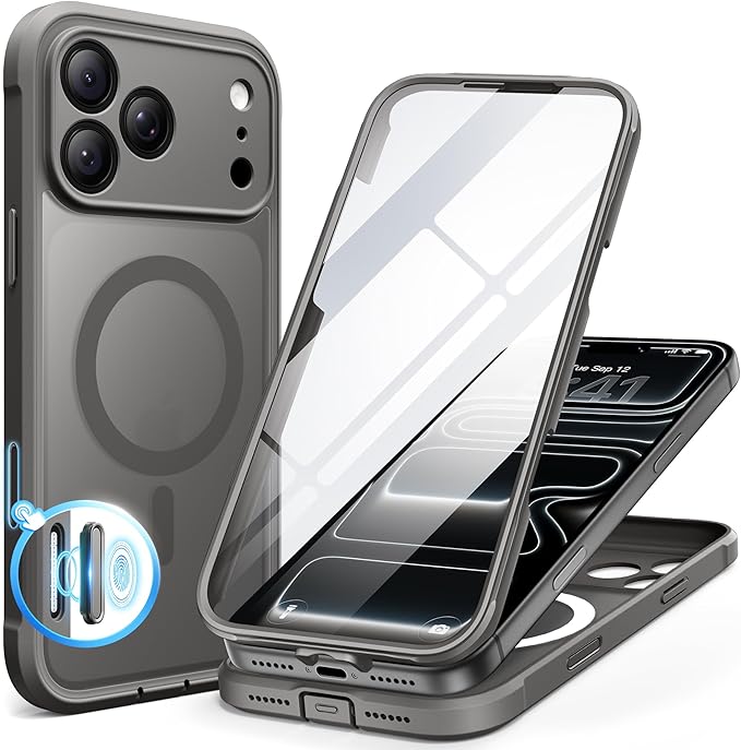 BERFY for iPhone 17 Pro Max Case, Compatible with MagSafe, Built-in Glass Screen Protector, Camera Protection, Shockproof Full Body Phone case 6.9", Clear Grey