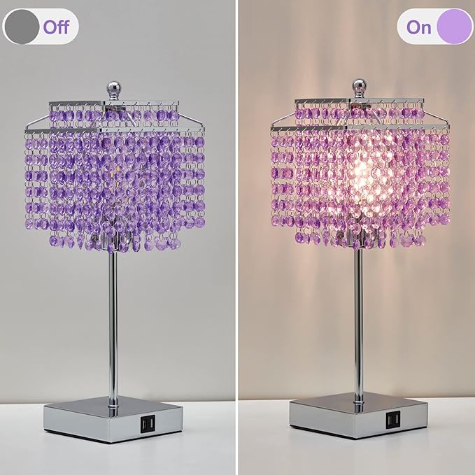 Luvkczc Purple Bedside Crystal Table Lamp Set of 2, Touch Control Lamps,Dimmable Lamp with Crystal Shade for Bedroom, Girl Living Room, 6W B11 Bulb Included