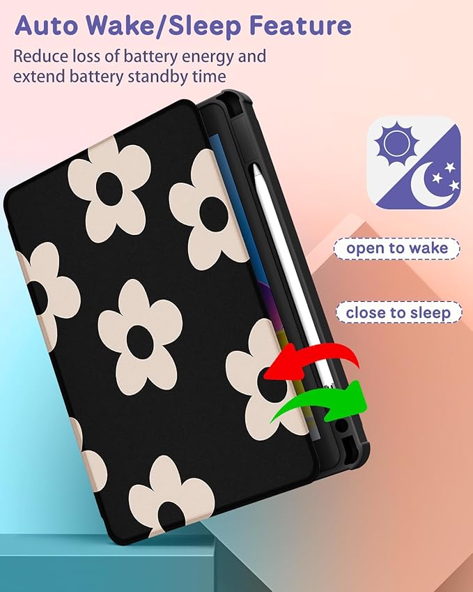 Uppuppy for iPad Pro 12.9 Case Folio Cover with Pencil Holder Girls Women Cute Girly Kids kawaii Flower Floral Pretty Black Design Rotating Stand for Apple iPad Pro 12.9 Inch Cases 2022/2021/2020/2018