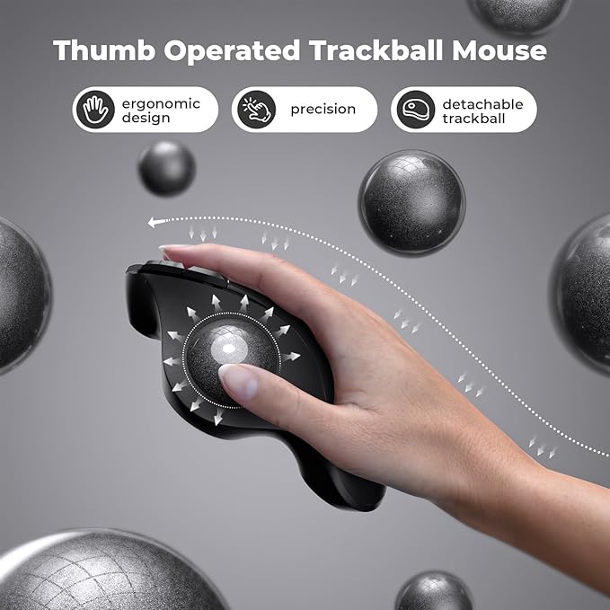 seenda Wireless Trackball Mouse, Ergonomic Bluetooth Rollerball Mouse Rechargeable, 3 Device Connection Optical Mice Adjustable DPI Thumb Control Mice Compatible for PC/Laptop/Windows/Mac - Black