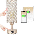 Crystal Table Lamp with USB C+A Ports, 3 Way Dimmable Touch Lamp with Crystal Shade, Champagne Gold Bedside Nightstand Small Lamp for Living Room Bedroom Home Office