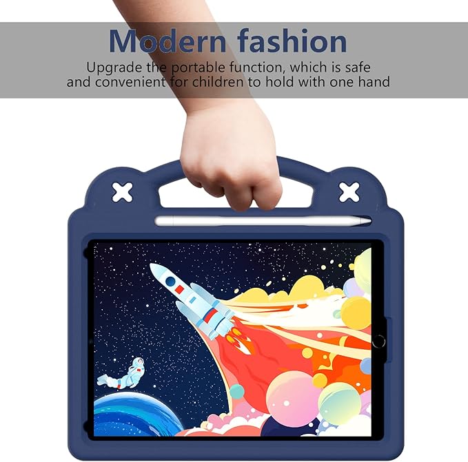AKABEILA Compatible with Apple iPad 7 2019 10.2/iPad 8 2020 10.2/iPad 9 2021 10.2/iPad Pro 10.5 2017/iPad Air 3 2019 10.5 Tablet Case, Kids Case with Shoulder Strap & Stand Handle & Pen Tray Navy Blue