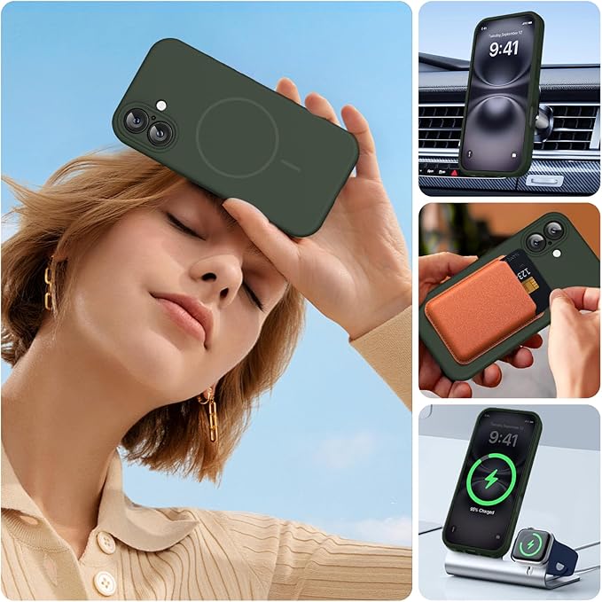 Miracase Compatible with iPhone 16 Case, [Soft Anti-Scratch Microfiber Lining], Compatible with MagSafe, Liquid Silicone Case Shockproof Drop Protection Phone Case for 16,Dark Green