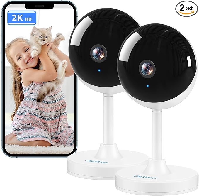 owltron Indoor Security Camera, 2K Cameras for Home Security with Motion Detection, Pet Cam & Baby Monitor with Night Vision, 2.4 GHz WiFi Two-Way Talk, Cloud/SD Storage, Works with Alexa (2 Pack)