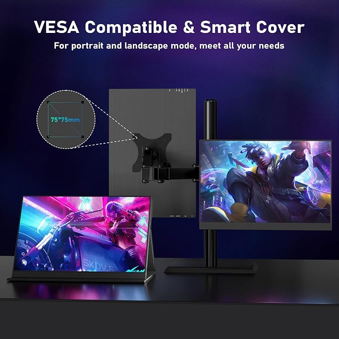 HONGO 2K 120Hz Portable Gaming Monitor, 16" 2560x1600 QHD 16:10 Portable Monitor for Laptop with VESA & Cover, HDR External Second Screen for PC Phone Switch