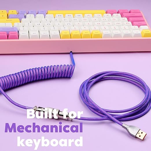 EPOMAKER Mix 1.8m Coiled Type-C to USB A TPU Mechanical Keyboard Space Cable with Detachable Aviator Connector for Gaming Keyboard and Cellphone(Purple)
