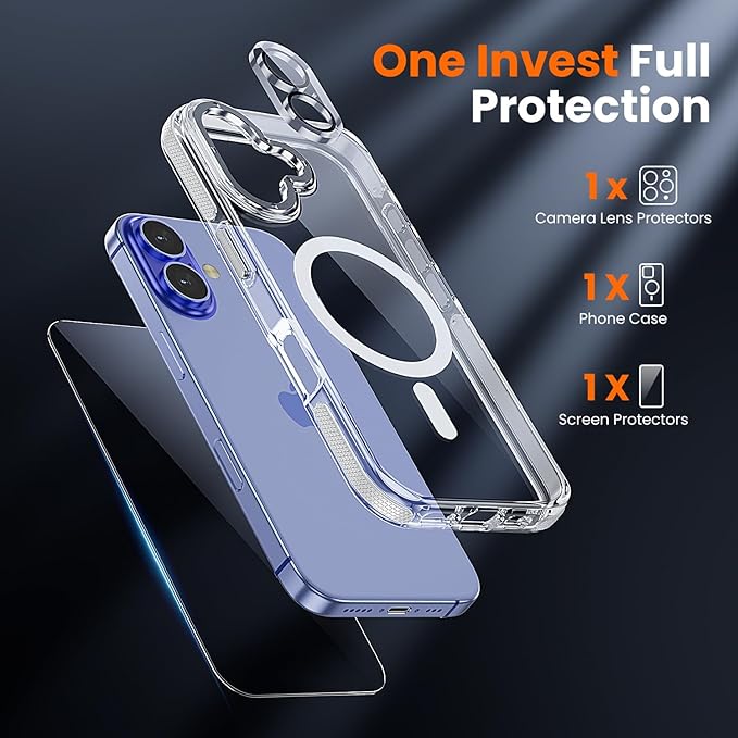 toushion 3 in 1 for iPhone 16 Case Clear with MagSafe, Yellowing-Resistant Acrylic Back, Shockproof Guard Corners, Military-Grade Protection for iPhone 16 Phone Case 6.1 inch Clear Bumper