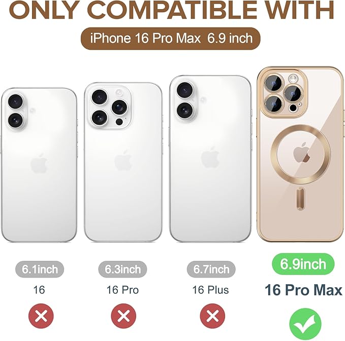 Hython Magnetic Clear for iPhone 16 Pro Max Case with Camera Lens Protector [Compatible with MagSafe] Plating Edge Slim Soft TPU Cover Protective Phone Case for 16 Pro Max 6.9", Matte Desert Brown