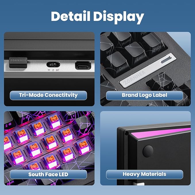 ZORNHER ZH870 Wireless Gaming Mechanical Keyboard,80% Black Custom Creamy Sound Keyboard with Spider Web IMD PC Keycaps,Creamy Sounding Linear Switches,Hot-Swappable,RGB Backlit,2.4GHz/USB-C/BT5.0