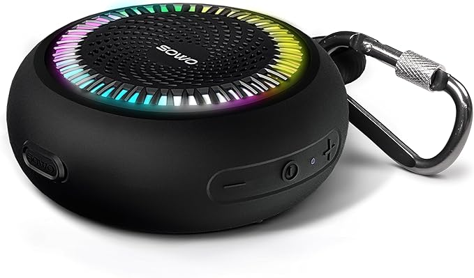 SOWO Shower Speaker Bluetooth Waterproof | Small Portable Wireless Bluetooth Speaker with Clip | Powerful Bass and Louder Volume | Colorful Lights and Lightweight | for Bathroom,Travel,Beach | Black