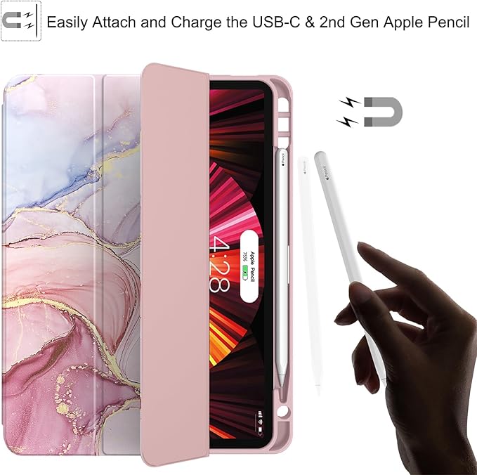 Soke for iPad Pro 11 Case (M2) 2022/2021/2020 with Pencil Holder - [Full Body Protection + Apple Pencil Charging + Auto Wake/Sleep], Soft TPU Back Cover for 2022 iPad Pro 11 inch(Dreamy Marble)
