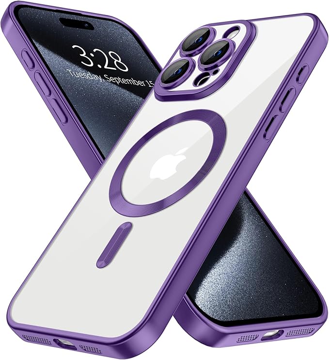 Hython Magnetic Clear for iPhone 15 Pro Max Case with Camera Lens Protector [Compatible with MagSafe] Plating Edge Slim Soft TPU Cover Protective Phone Case for iPhone 15 Pro Max 6.7", Matte Purple